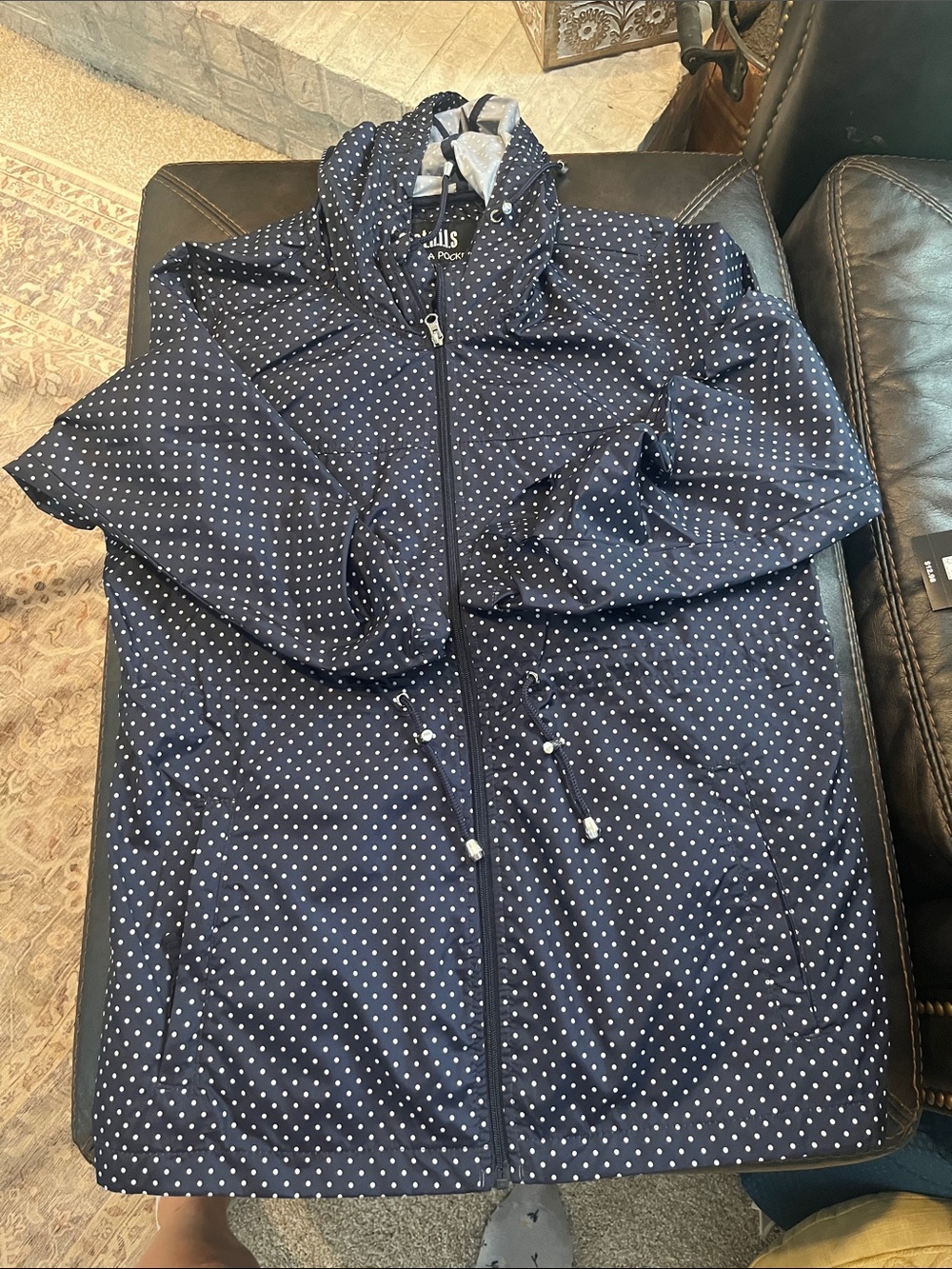 Nautica Navy and White Polka Dot Hooded Trench Coat